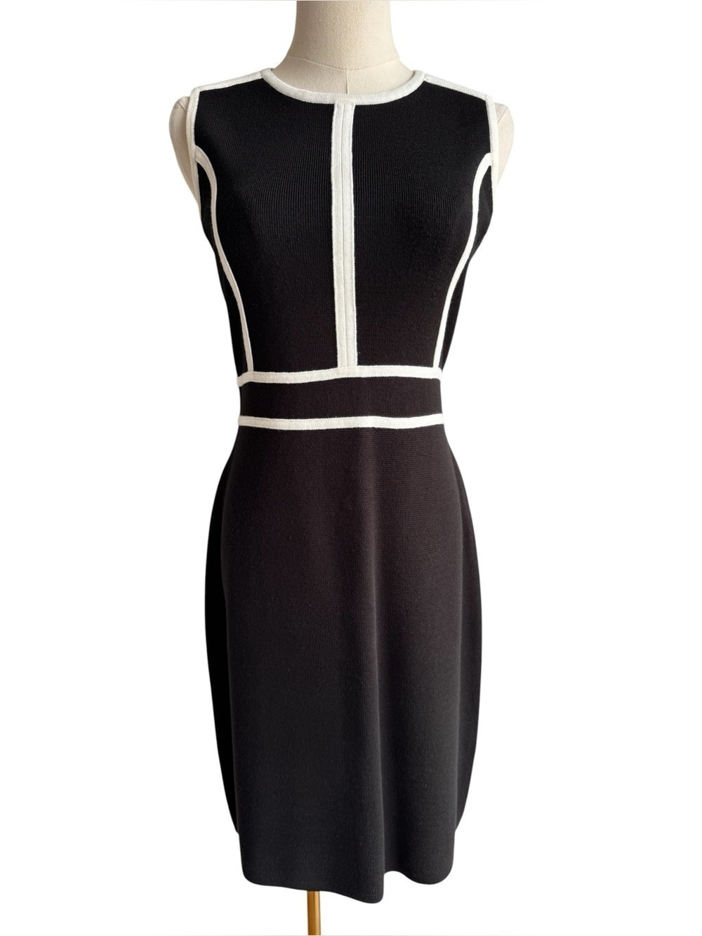 Timeless Black Knit Dress Contrast Trim Sz Small Sleeveless Sheath Bodycon Chic
